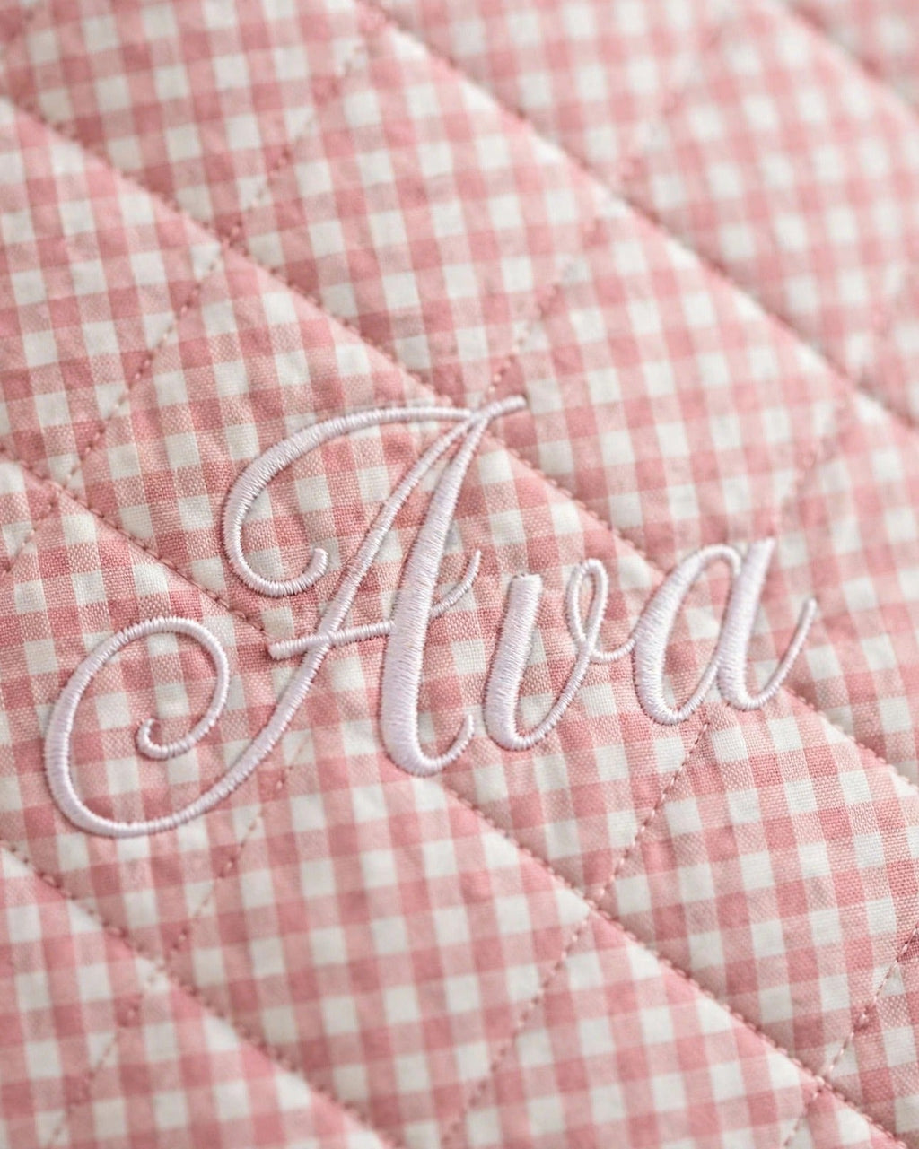 Custom Gingham Tote Bag – Pink – embroidery close-up