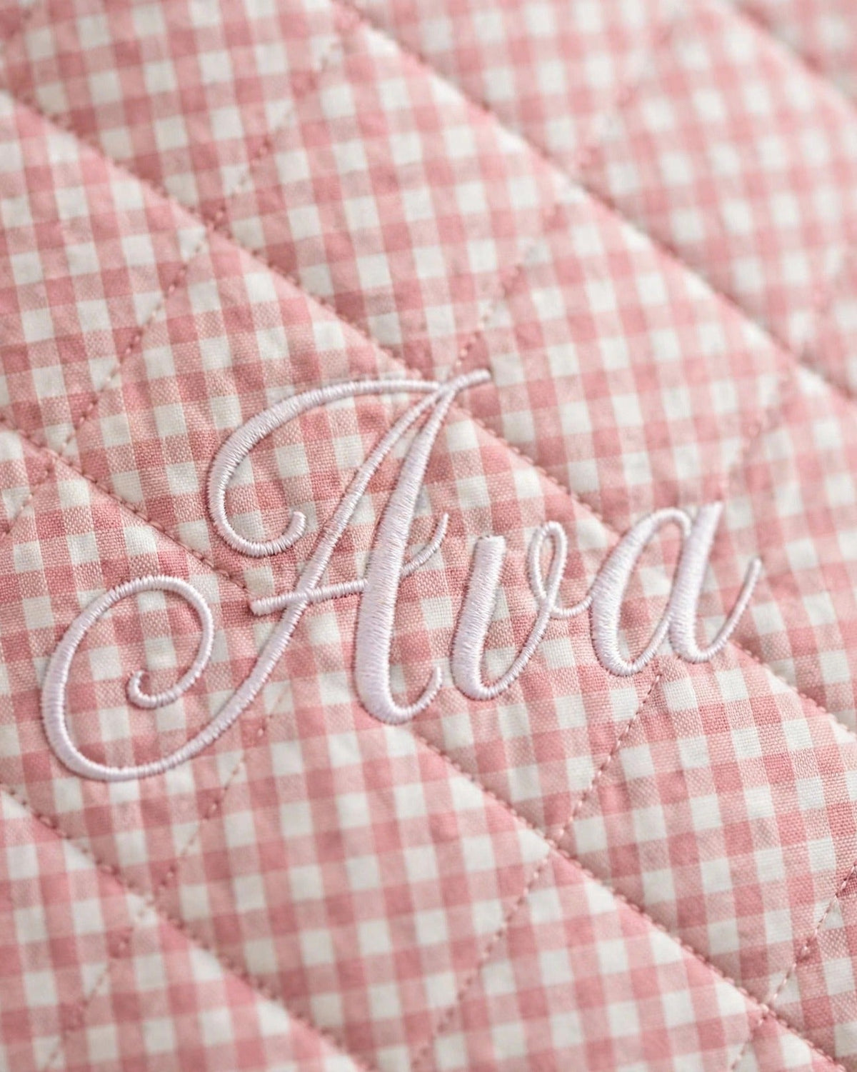 Custom Gingham Tote Bag – Pink – embroidery close-up