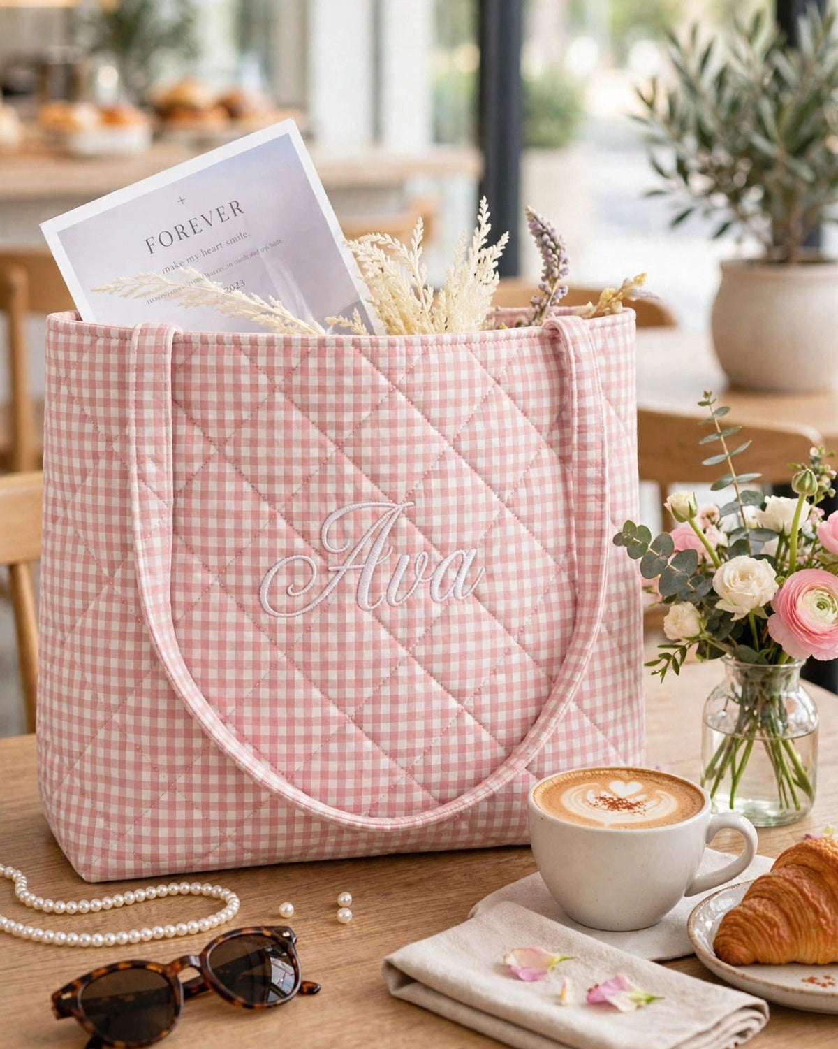 Custom Gingham Tote Bag – Pink – styled lifestyle