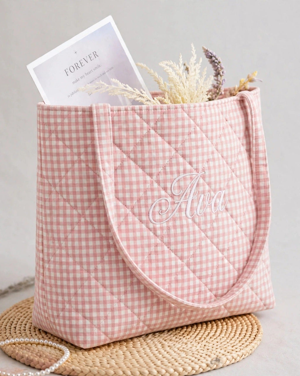 Custom Gingham Tote Bag – Pink – side view