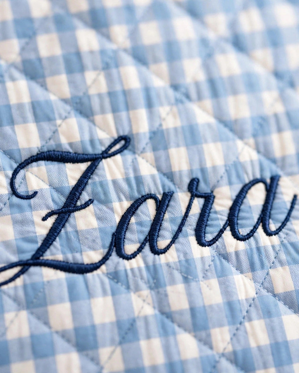 Custom Gingham Tote Bag – Blue – embroidery close-up