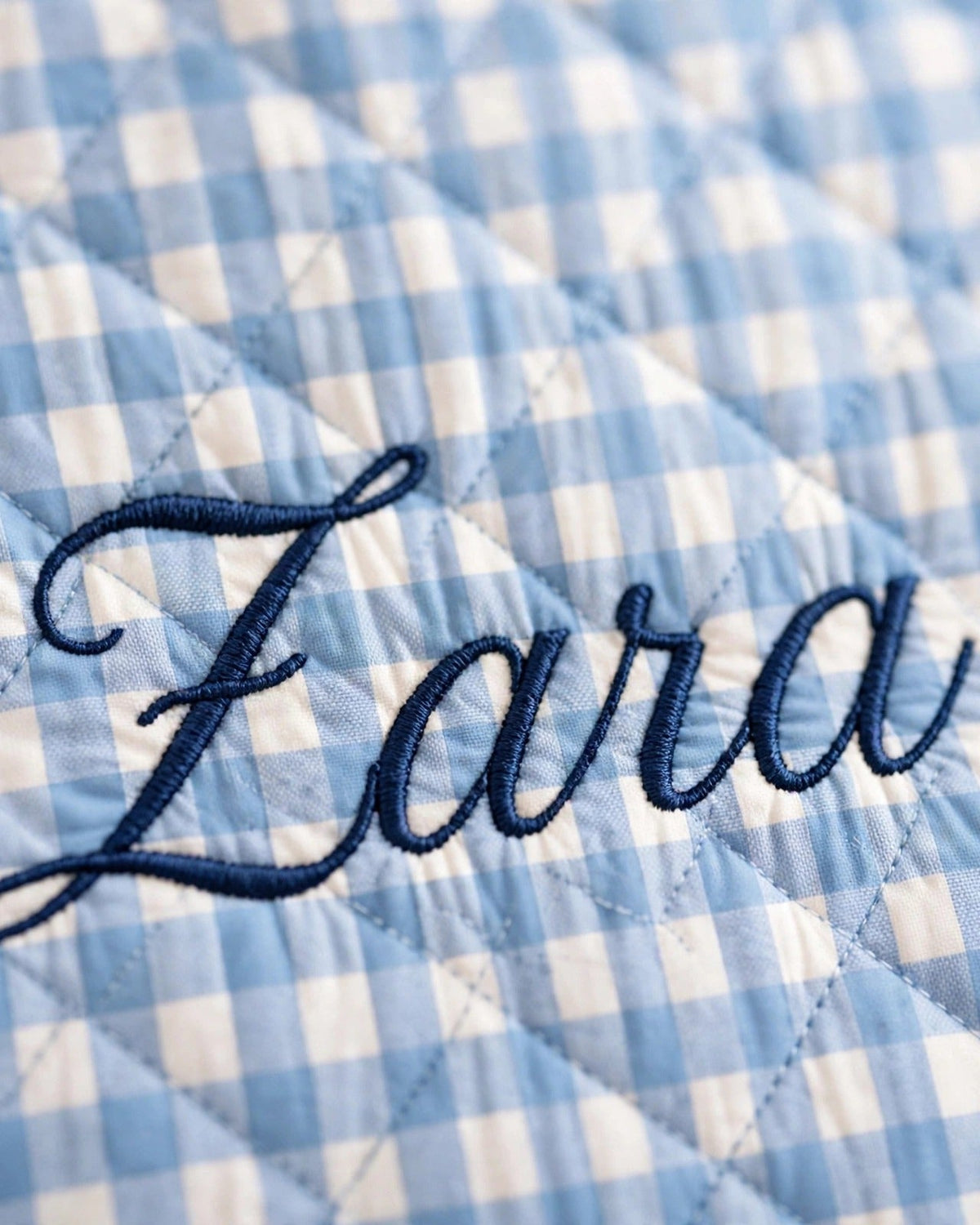 Custom Gingham Tote Bag – Blue – embroidery close-up