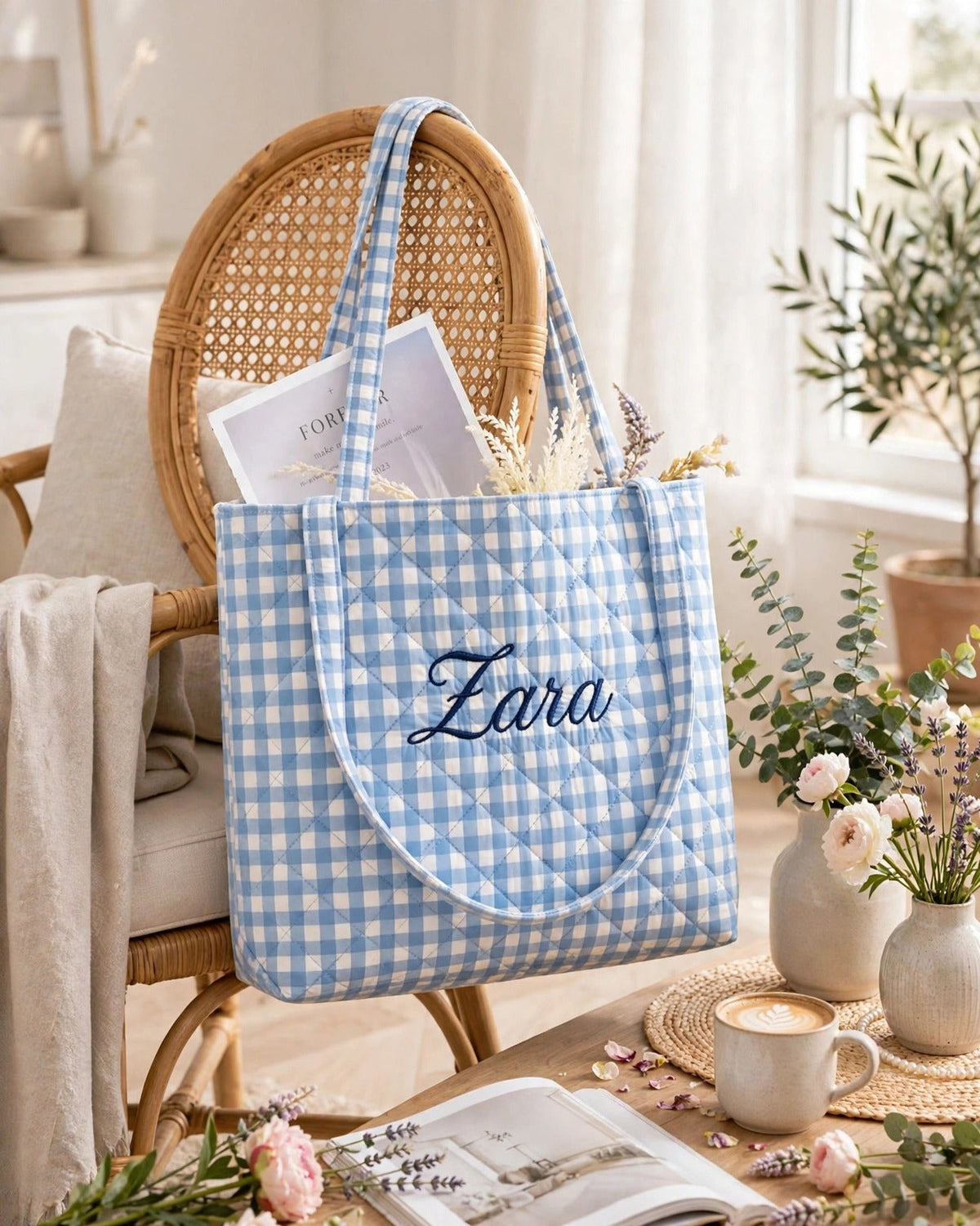 Custom Gingham Tote Bag – Blue – styled lifestyle