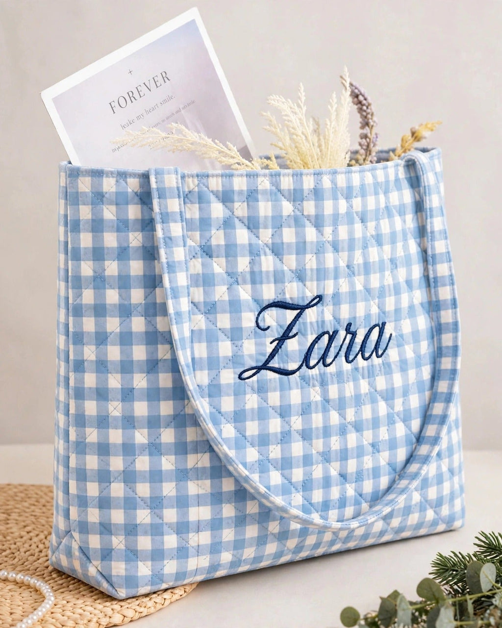 Custom Gingham Tote Bag – Blue – side view