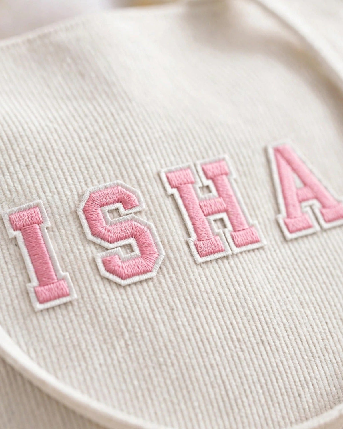 Custom Varsity Letter Corduroy Tote Bag – White & Pink – embroidery close-up
