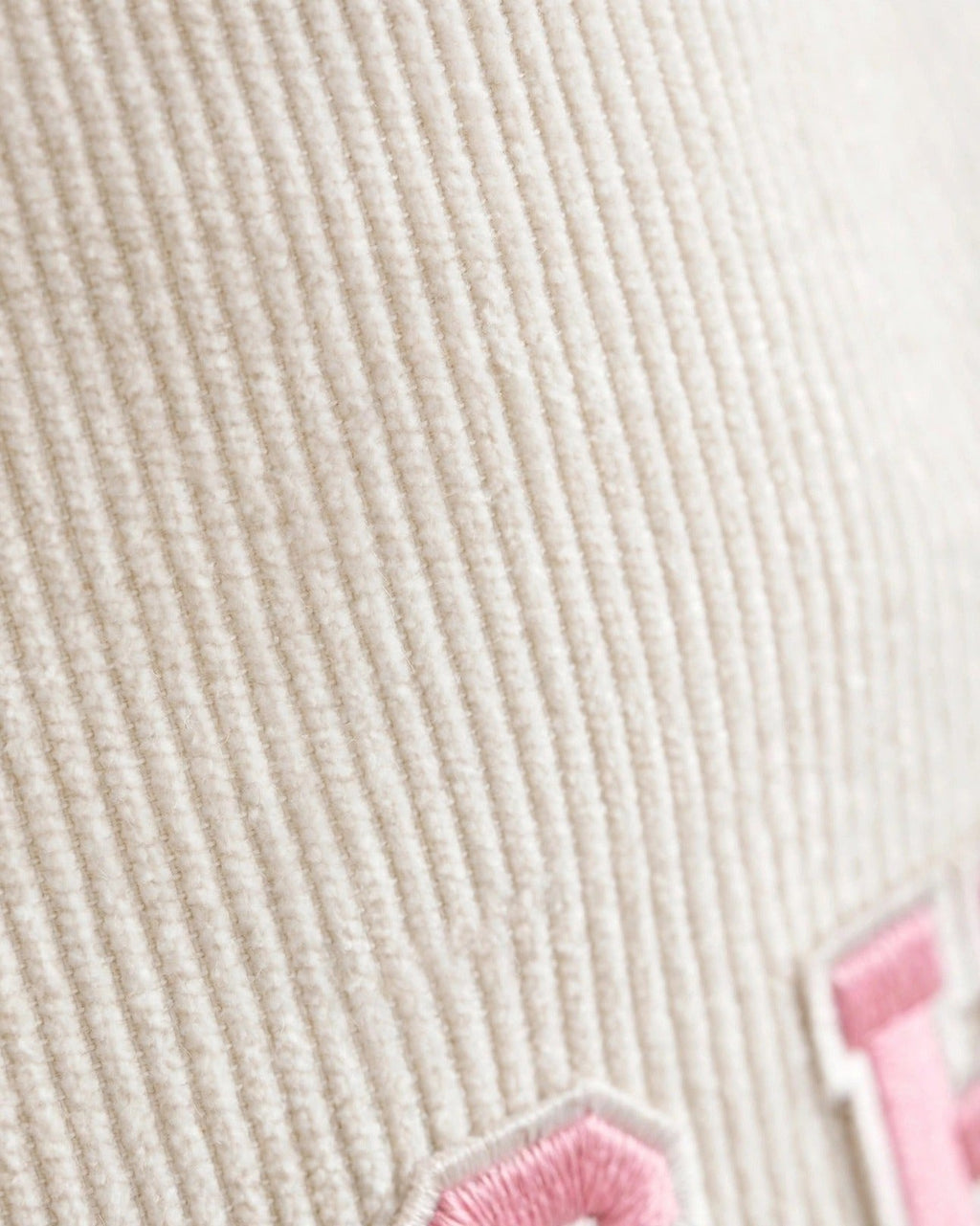 Custom Varsity Letter Corduroy Tote Bag – White & Pink – fabric texture close-up