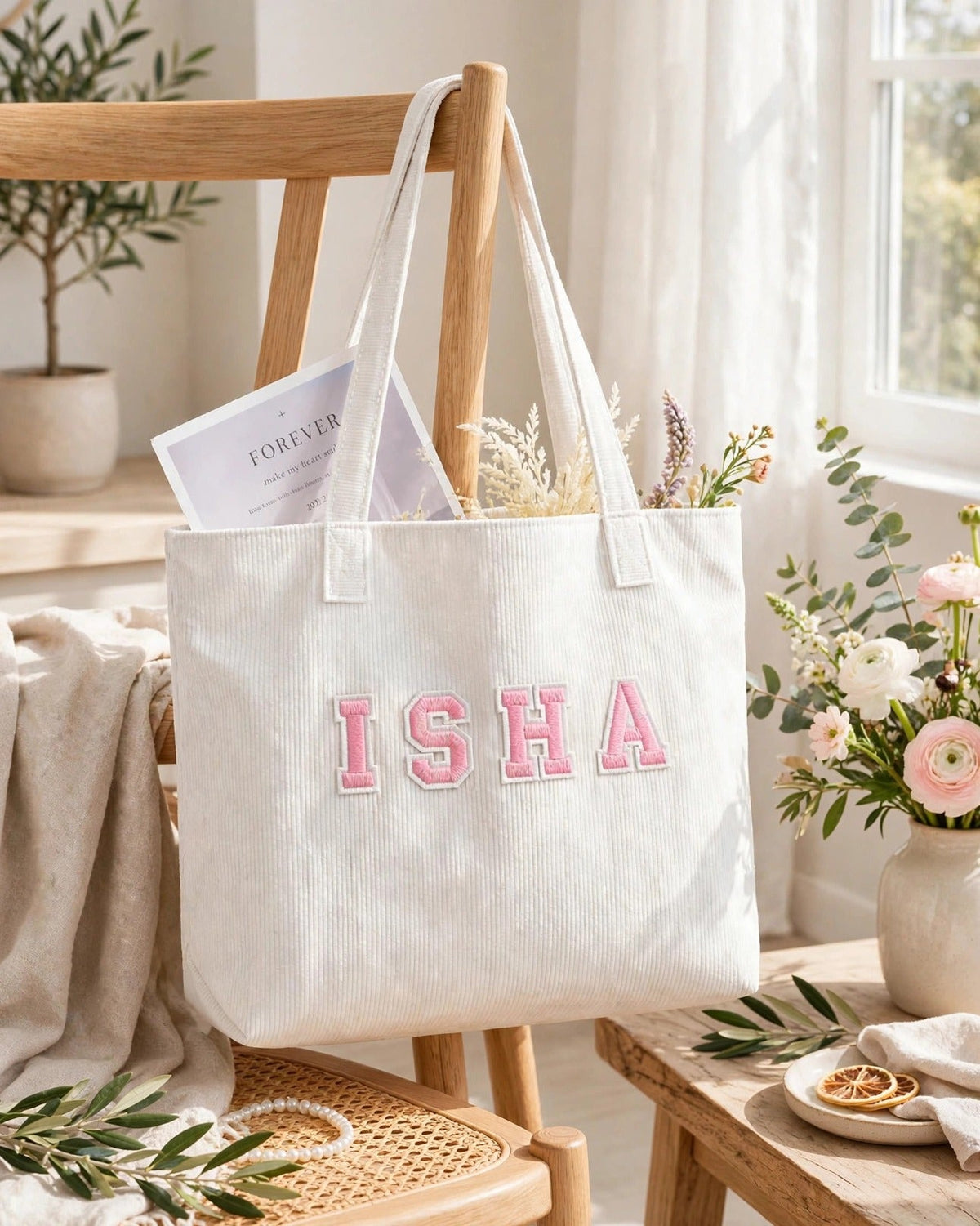 Custom Varsity Letter Corduroy Tote Bag – White & Pink – styled lifestyle