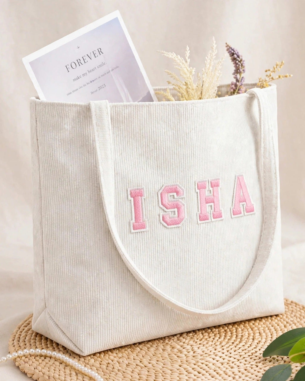 Custom Varsity Letter Corduroy Tote Bag – White & Pink – side view