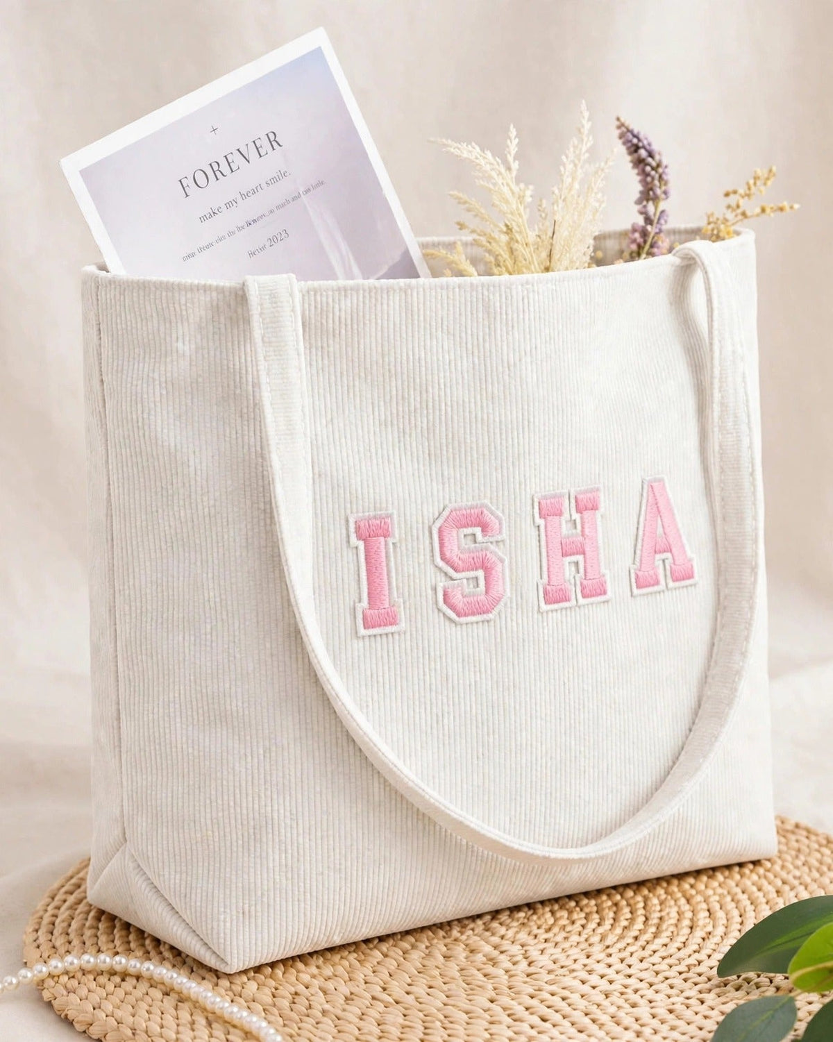 Custom Varsity Letter Corduroy Tote Bag – White & Pink – side view