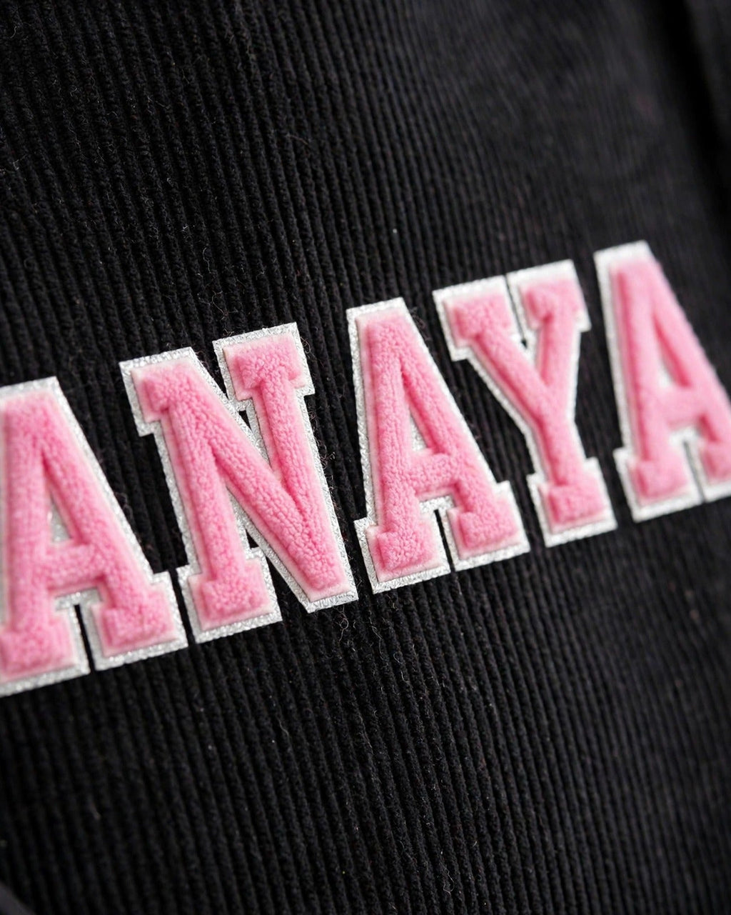 Custom Varsity Letter Corduroy Tote Bag – Black & Pink – embroidery close-up
