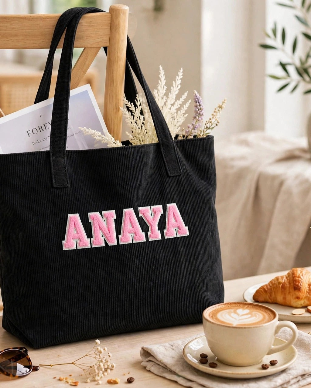 Custom Varsity Letter Corduroy Tote Bag – Black & Pink – styled lifestyle