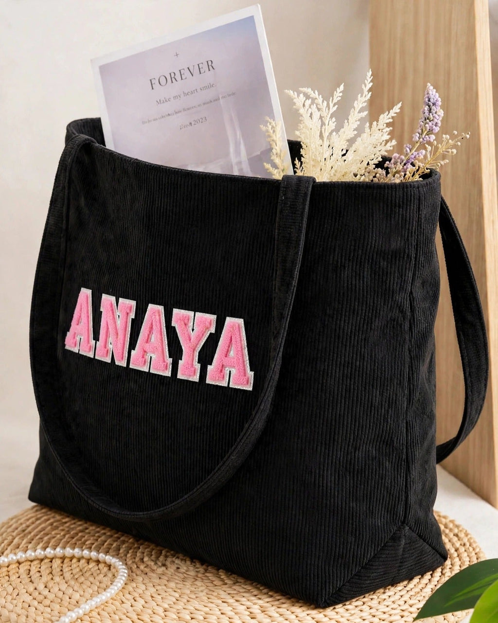 Custom Varsity Letter Corduroy Tote Bag – Black & Pink – side view