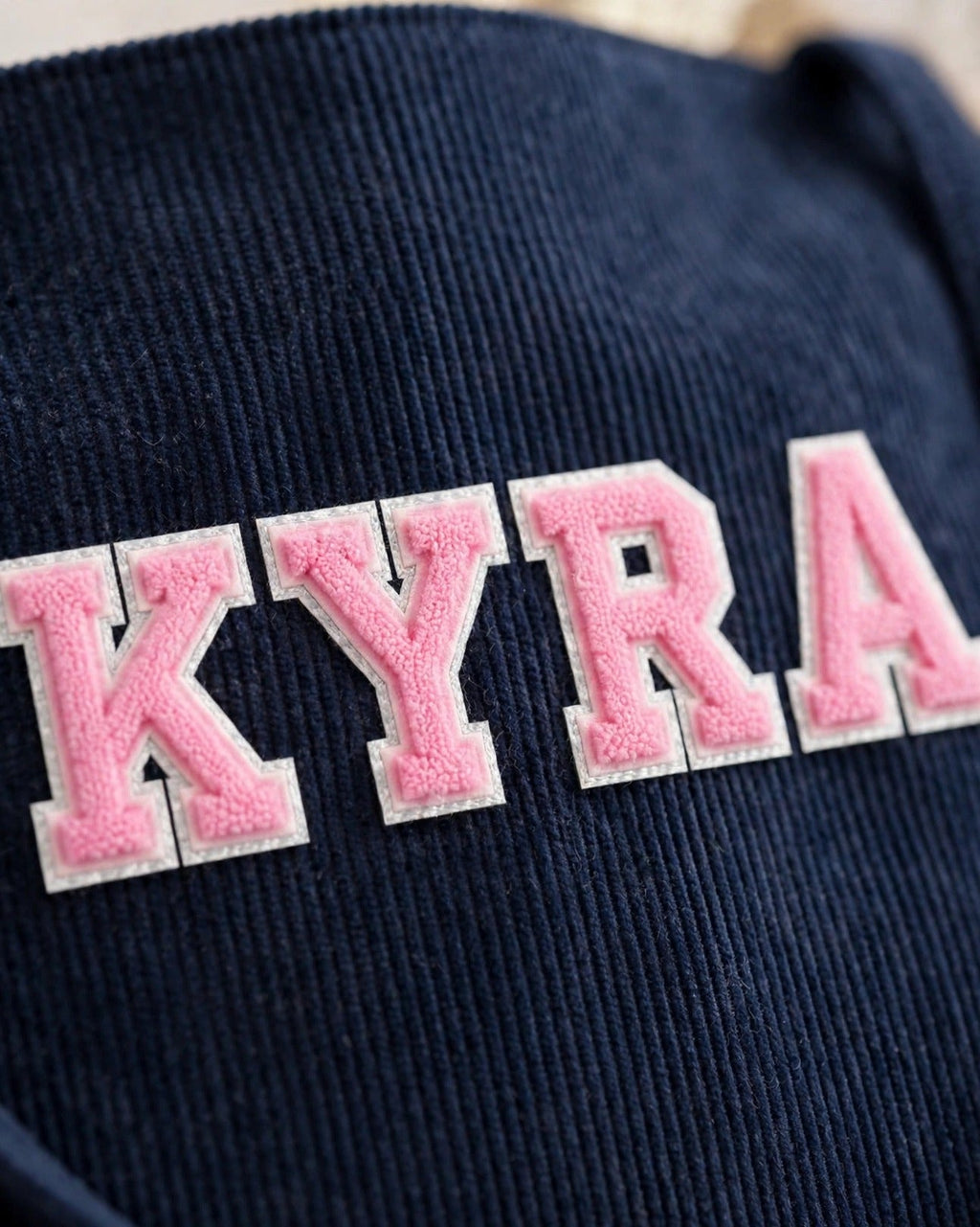 Custom Varsity Letter Corduroy Tote Bag – Navy & Pink – embroidery close-up