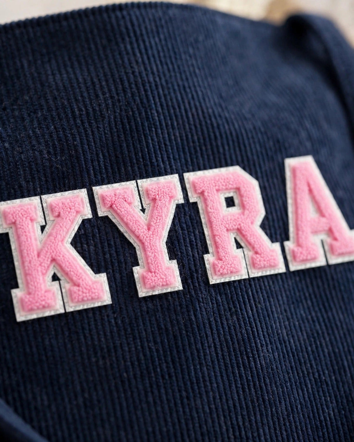 Custom Varsity Letter Corduroy Tote Bag – Navy & Pink – embroidery close-up