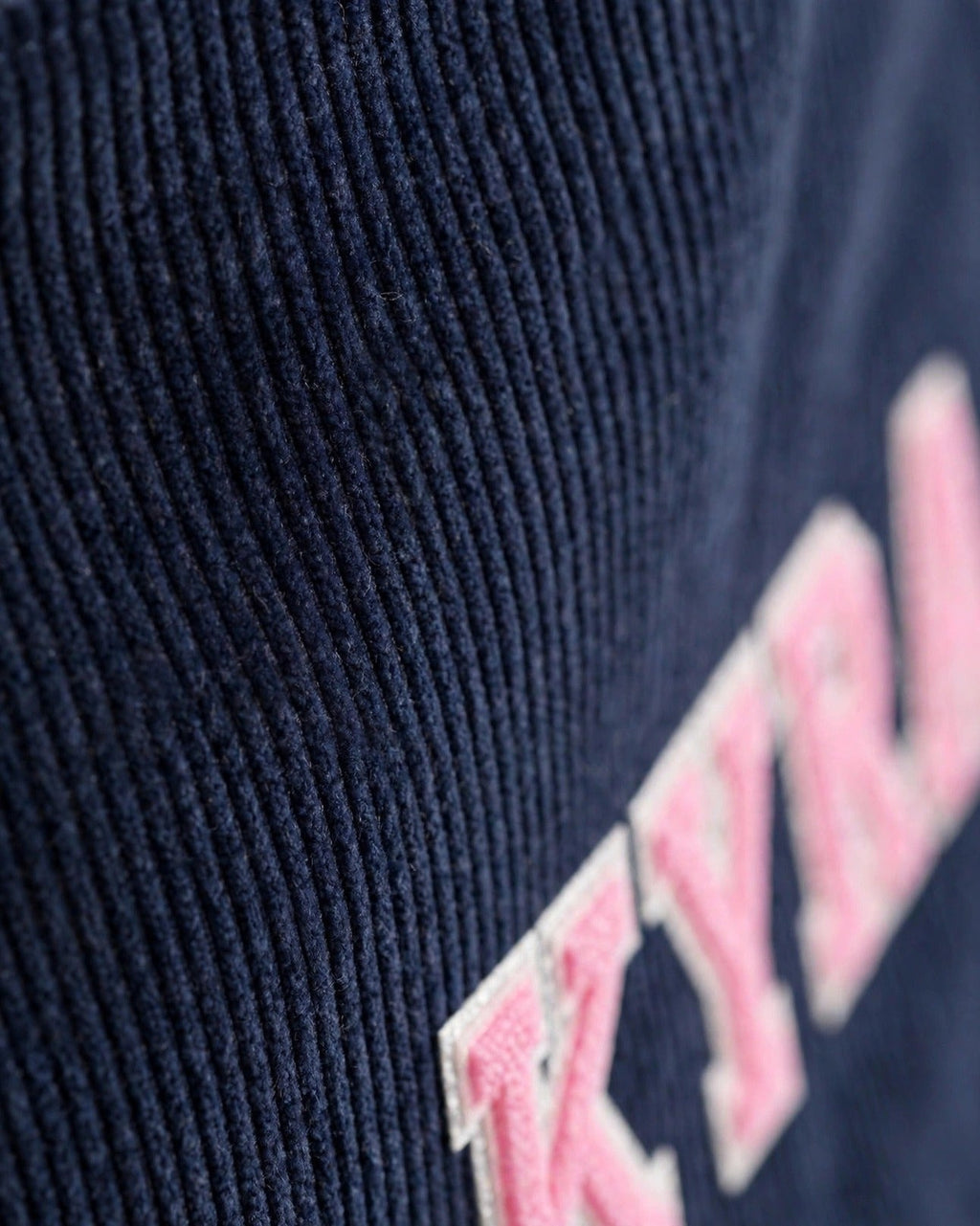 Custom Varsity Letter Corduroy Tote Bag – Navy & Pink – fabric texture close-up