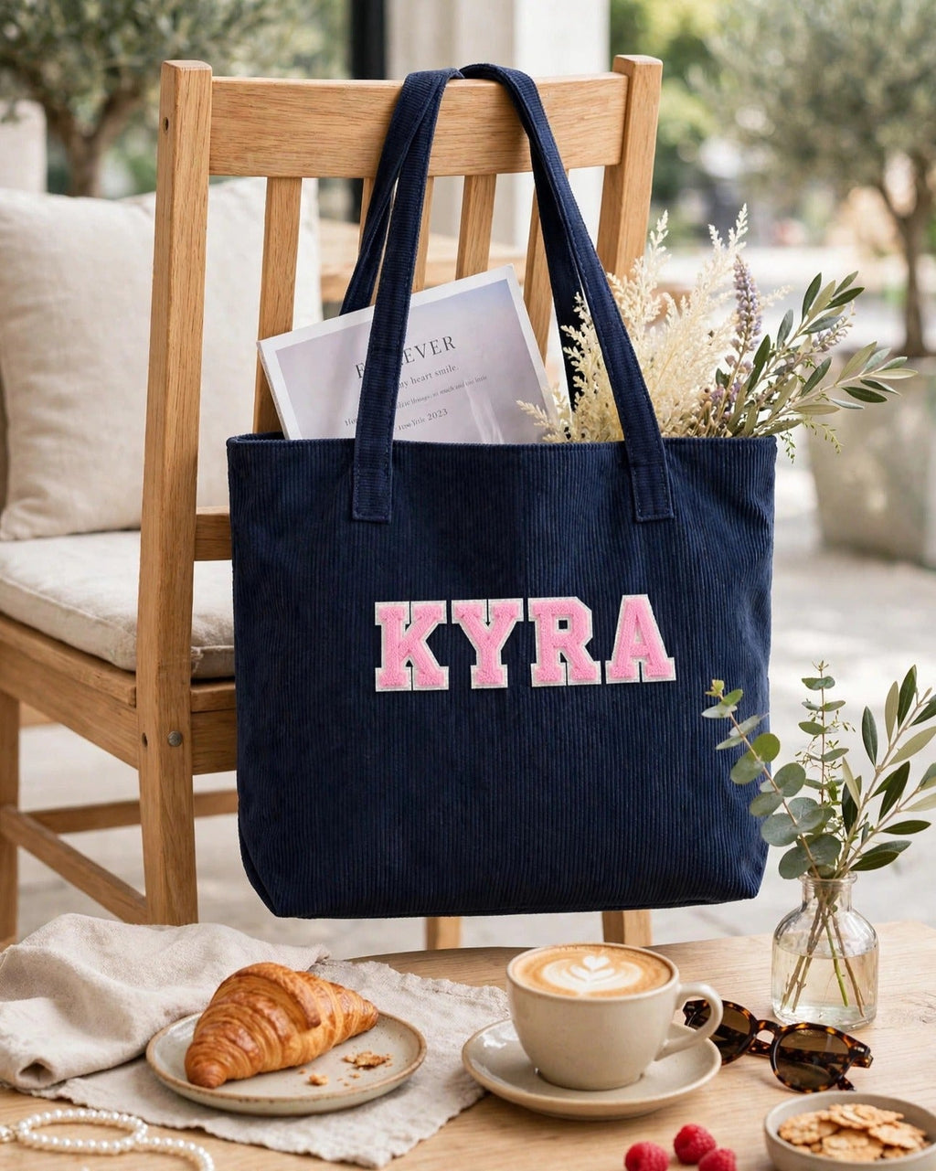 Custom Varsity Letter Corduroy Tote Bag – Navy & Pink – styled lifestyle