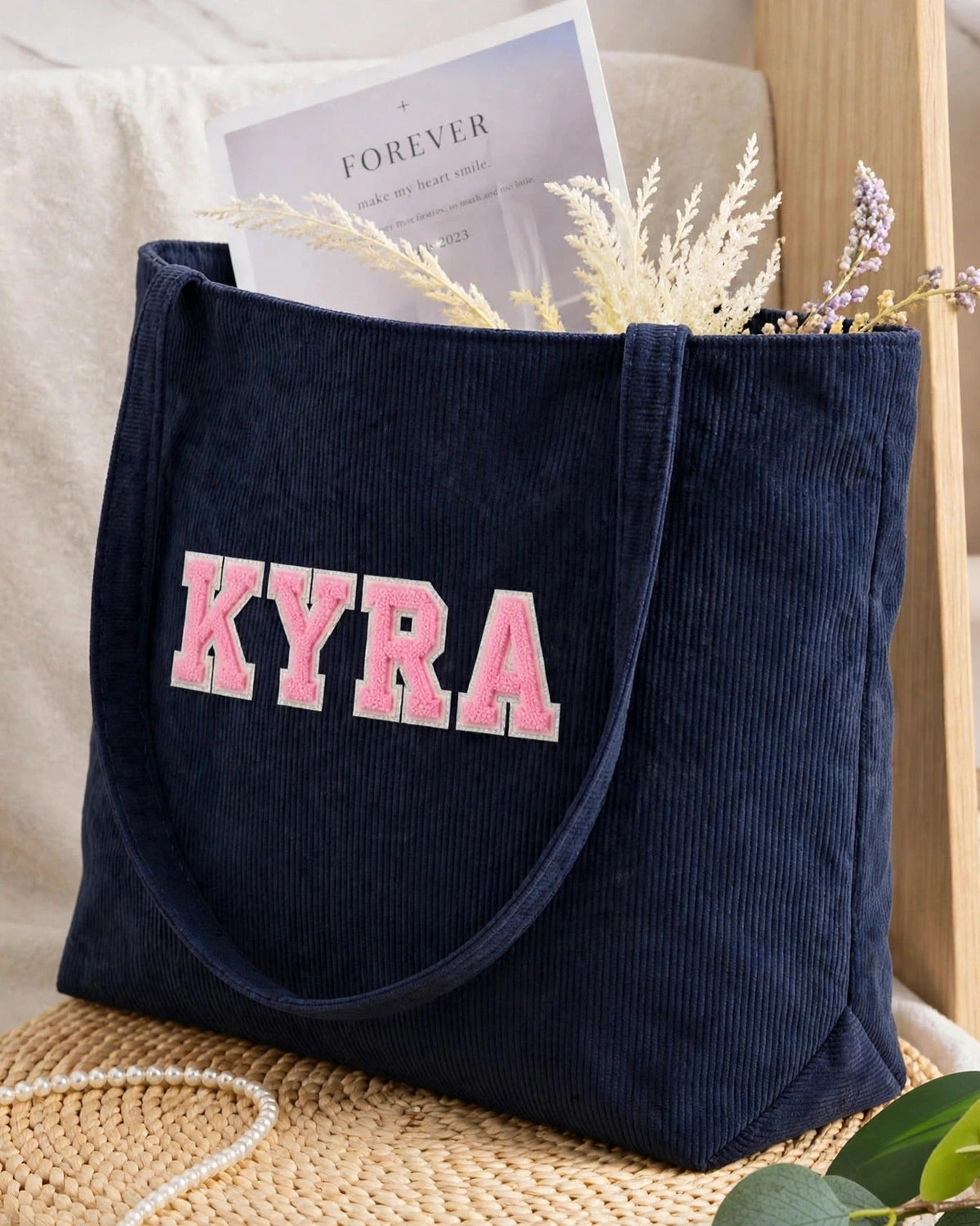 Custom Varsity Letter Corduroy Tote Bag – Navy & Pink – side view
