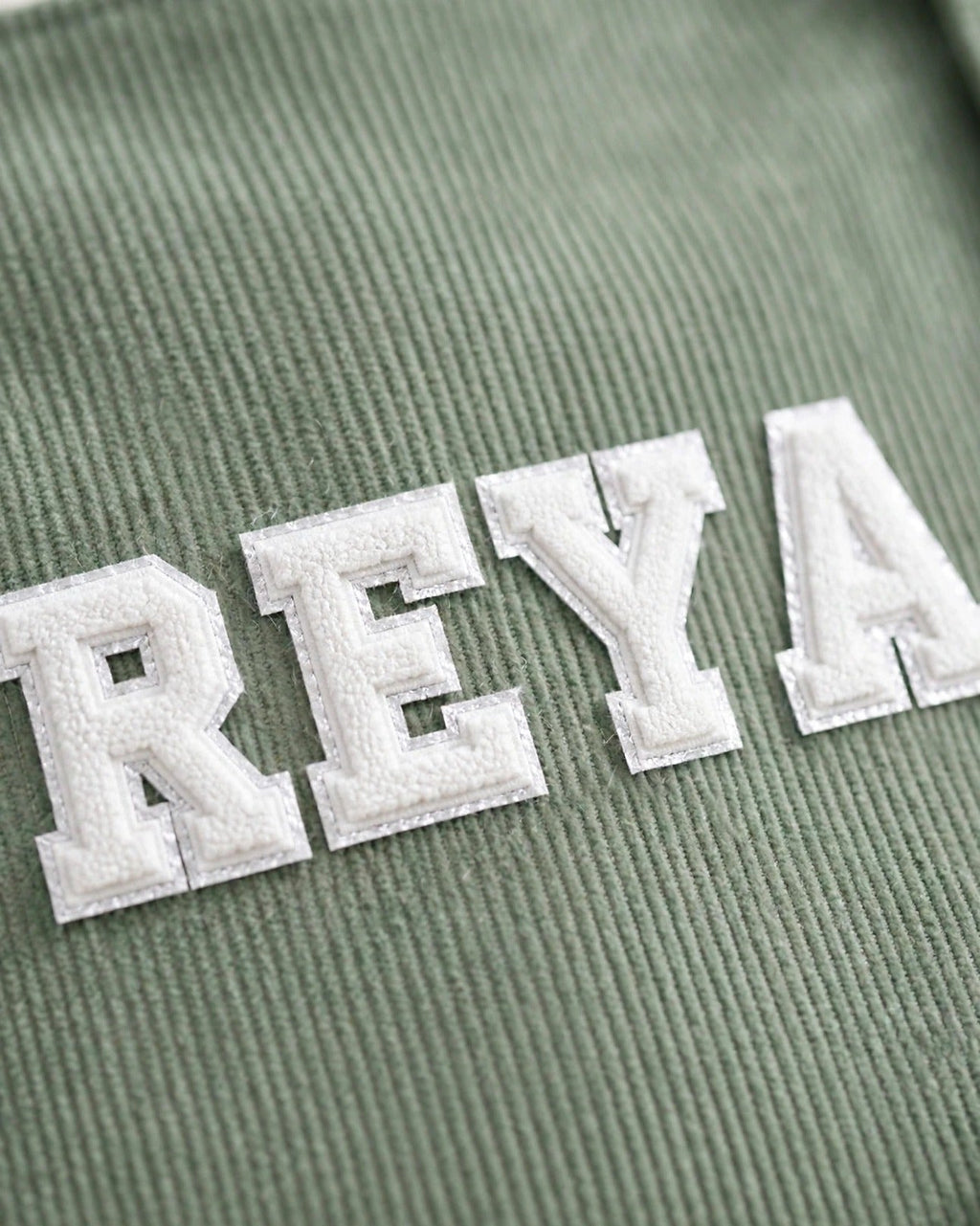 Custom Varsity Letter Corduroy Tote Bag – Sage & White – embroidery close-up