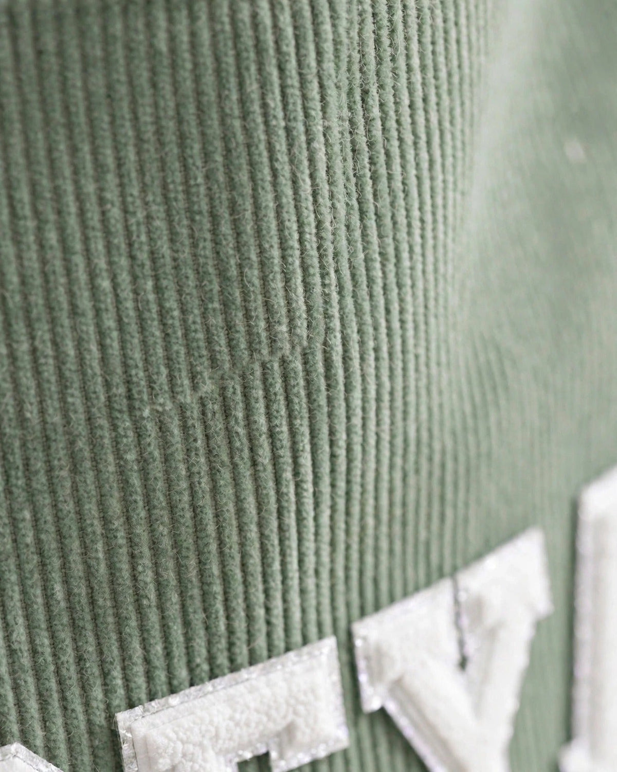 Custom Varsity Letter Corduroy Tote Bag – Sage & White – fabric texture close-up
