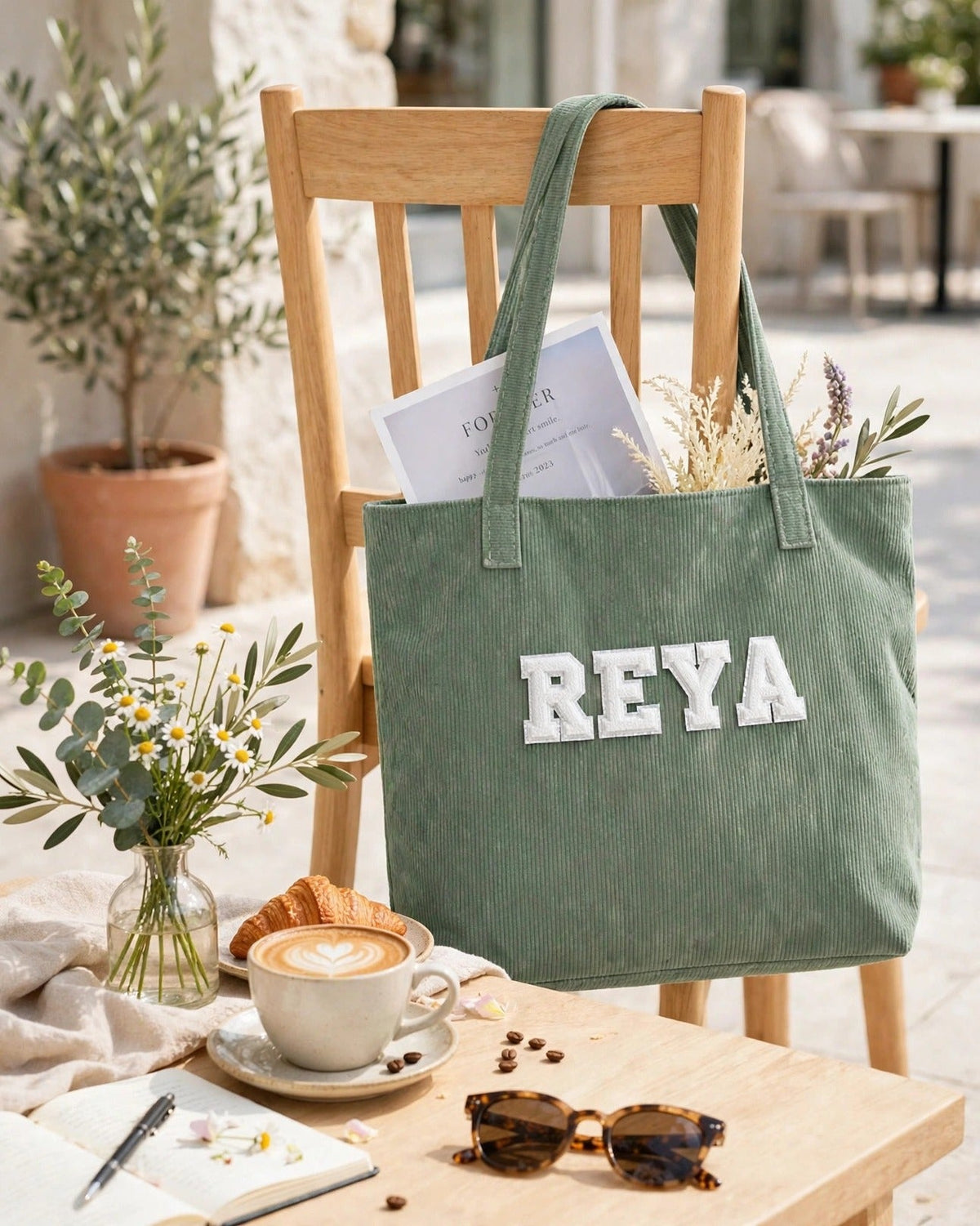 Custom Varsity Letter Corduroy Tote Bag – Sage & White – styled lifestyle