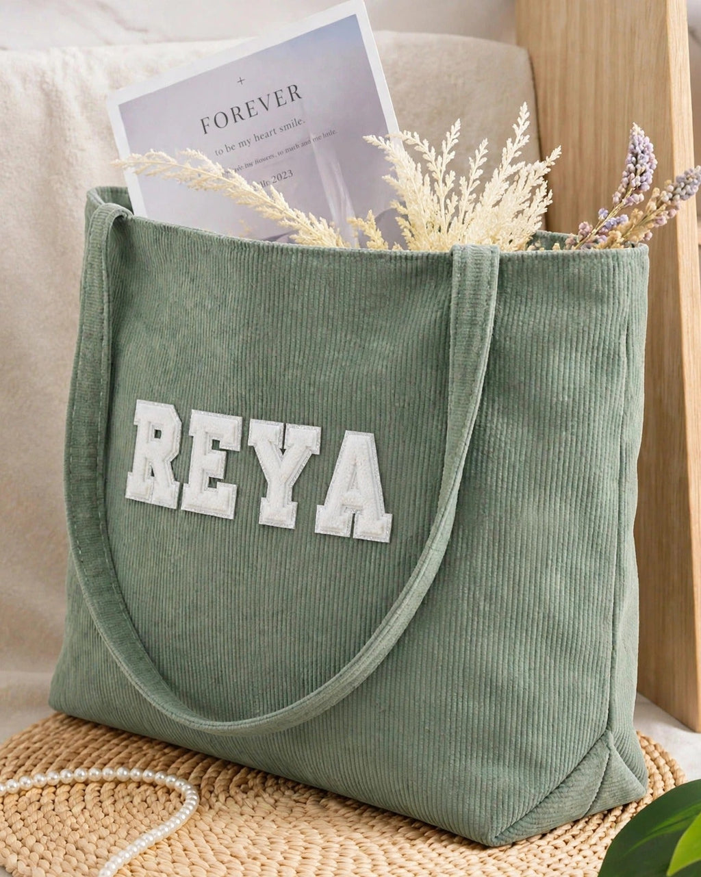 Custom Varsity Letter Corduroy Tote Bag – Sage & White – side view