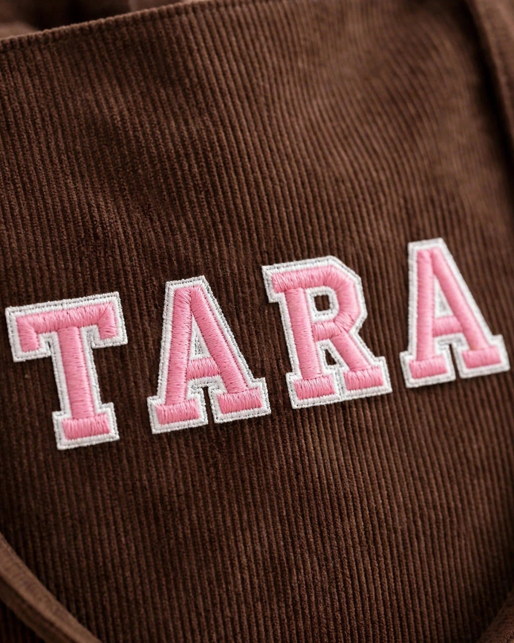 Custom Varsity Letter Corduroy Tote Bag – Brown & Pink – embroidery close-up