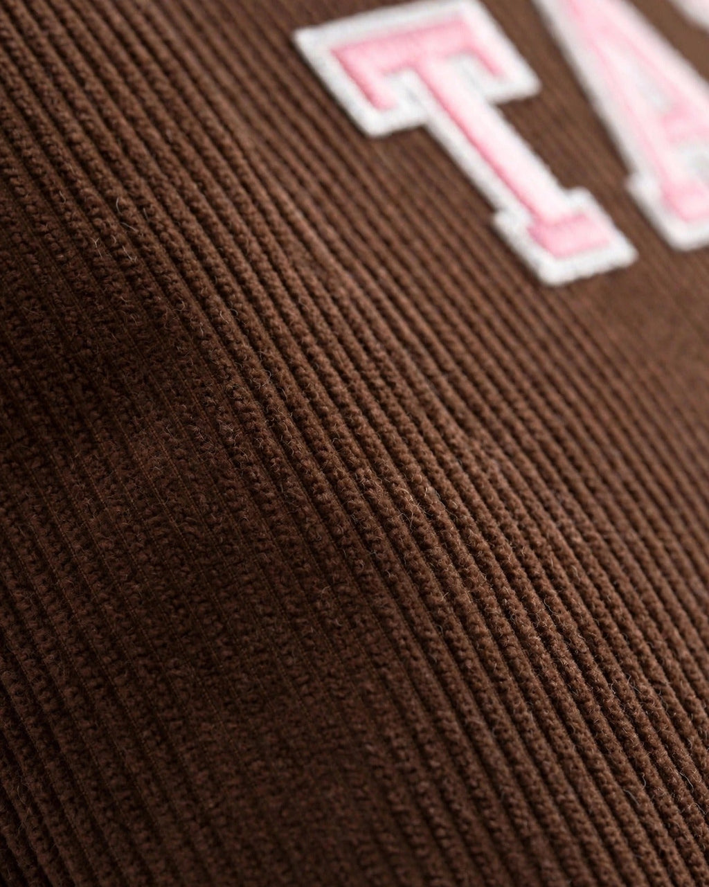 Custom Varsity Letter Corduroy Tote Bag – Brown & Pink – fabric texture close-up