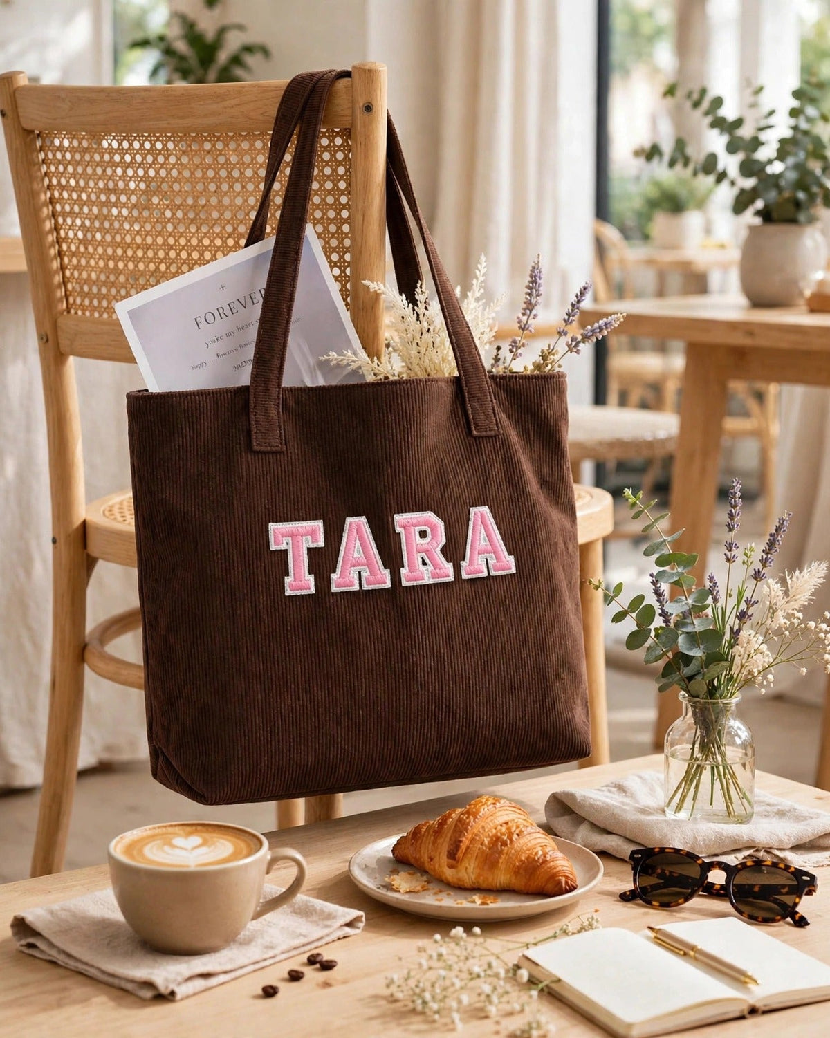 Custom Varsity Letter Corduroy Tote Bag – Brown & Pink – styled lifestyle