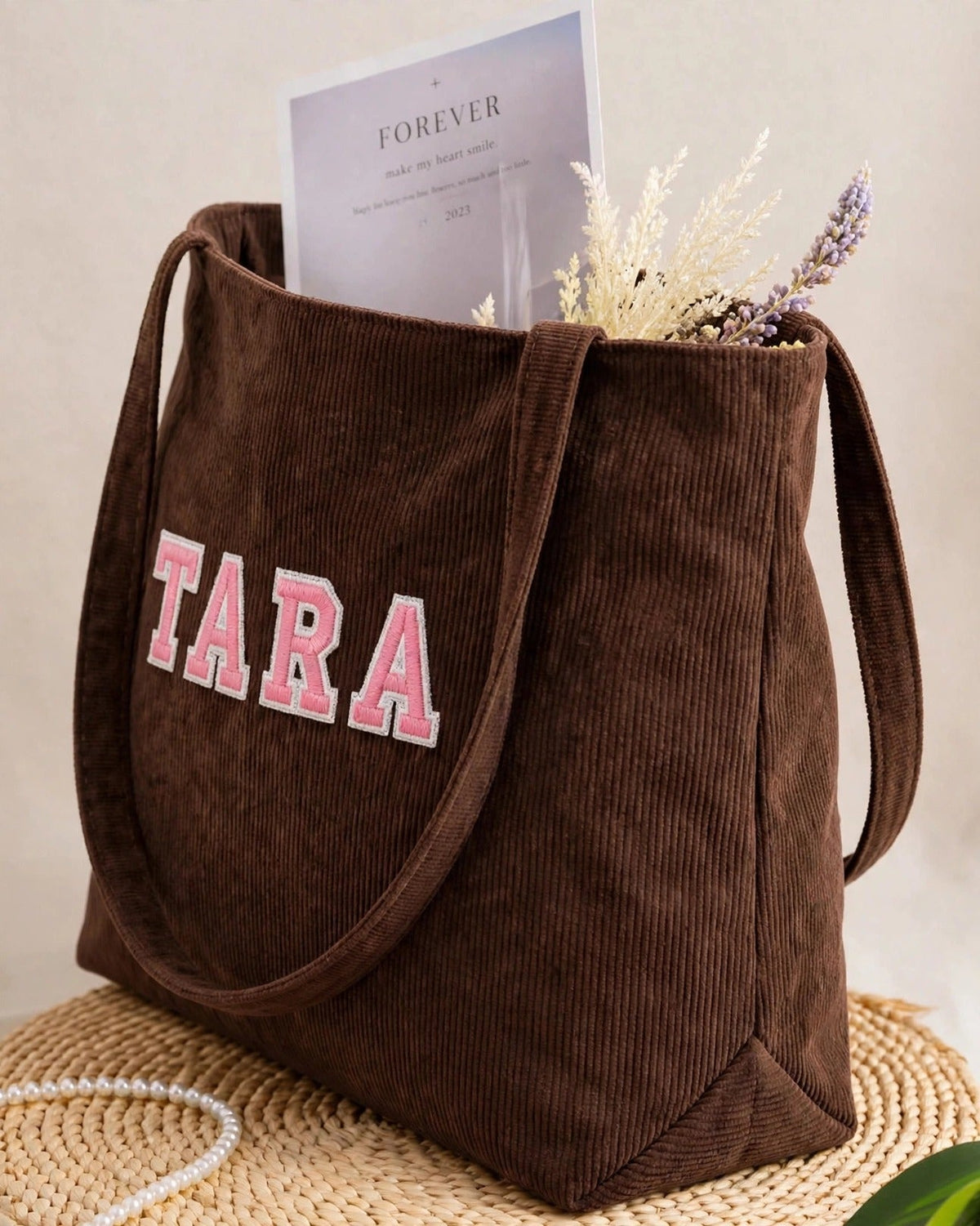 Custom Varsity Letter Corduroy Tote Bag – Brown & Pink – side view