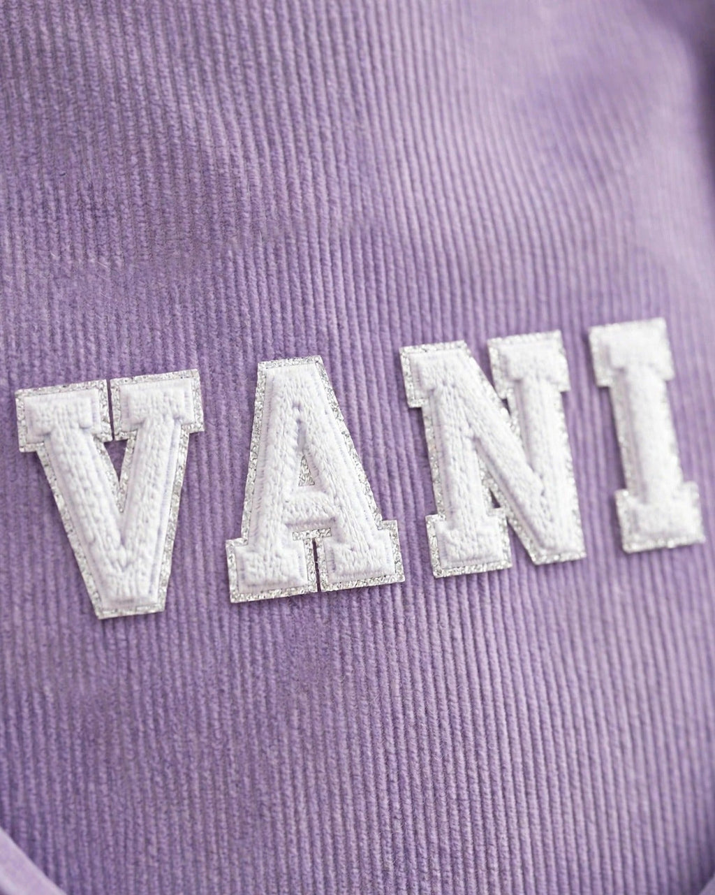 Custom Varsity Letter Corduroy Tote Bag – Lavender & White – embroidery close-up