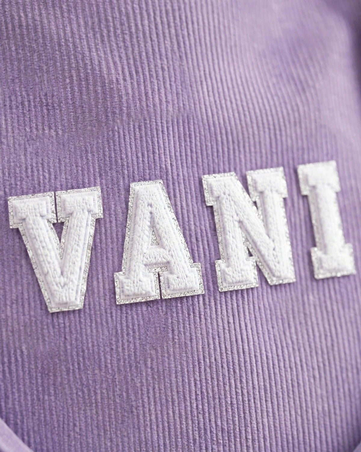 Custom Varsity Letter Corduroy Tote Bag – Lavender & White – embroidery close-up