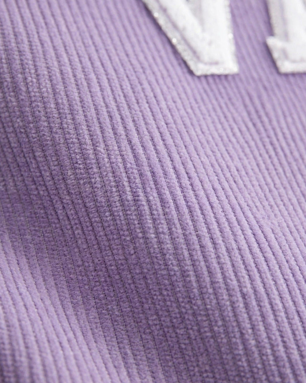 Custom Varsity Letter Corduroy Tote Bag – Lavender & White – fabric texture close-up