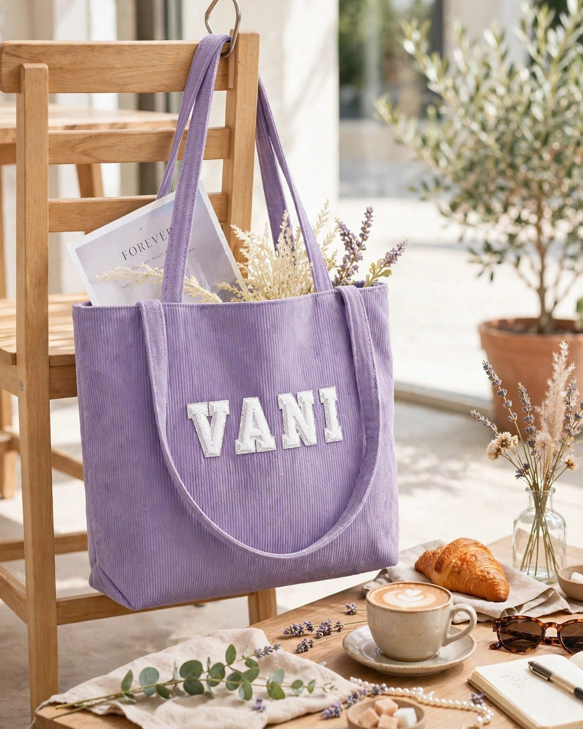 Custom Varsity Letter Corduroy Tote Bag – Lavender & White – styled lifestyle