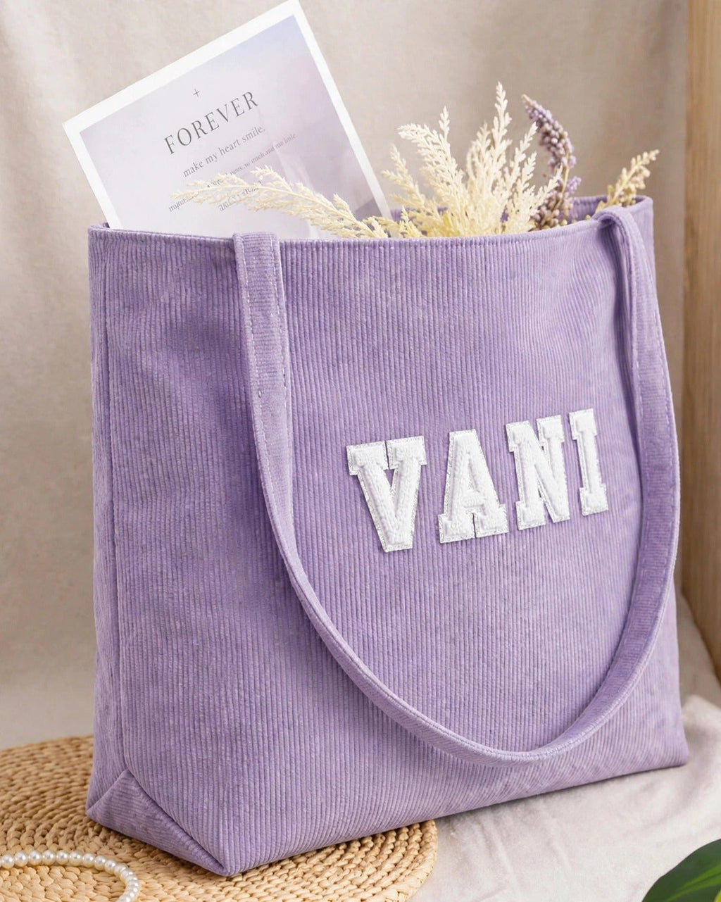 Custom Varsity Letter Corduroy Tote Bag – Lavender & White – side view