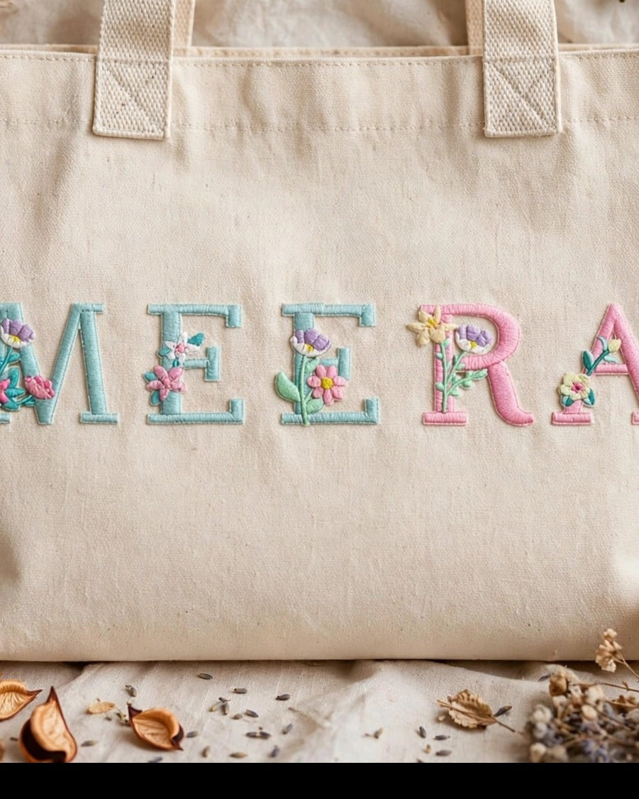 Custom Floral Alphabet Tote Bag – Natural – embroidery close-up