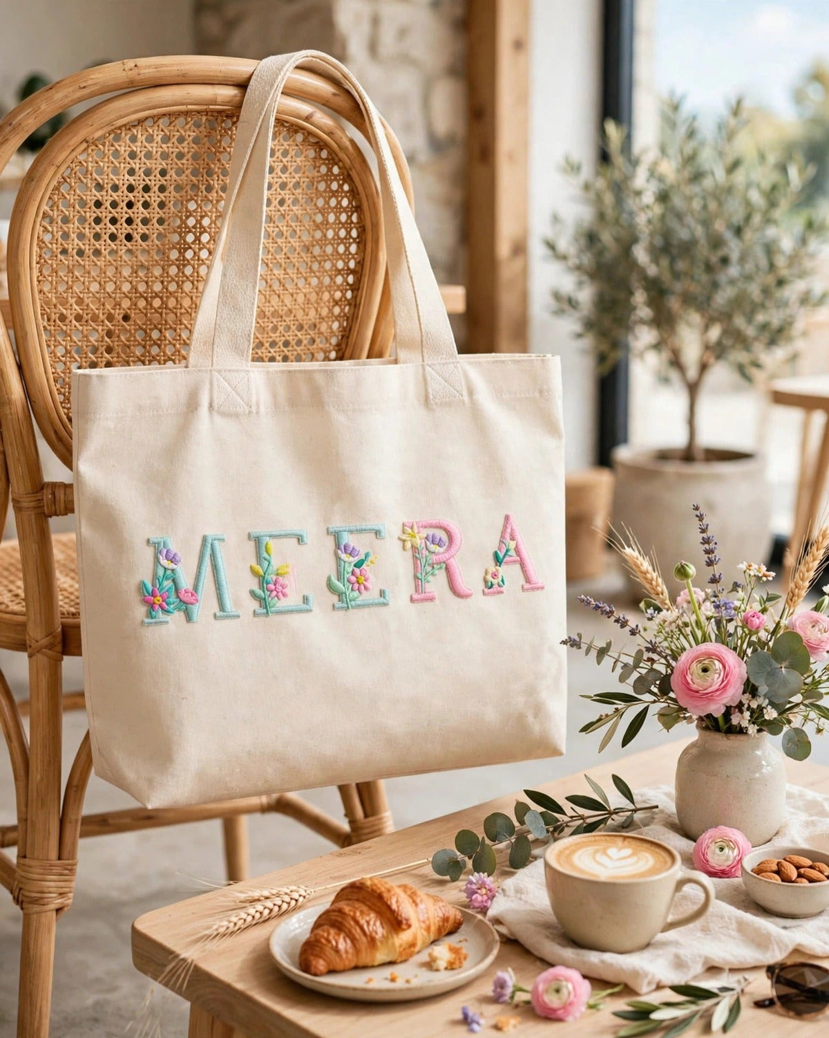 Custom Floral Alphabet Tote Bag – Natural – styled lifestyle