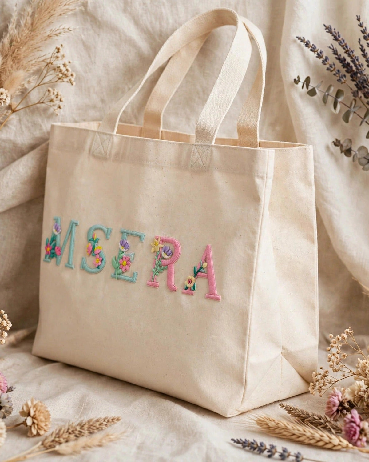 Custom Floral Alphabet Tote Bag – Natural – side view