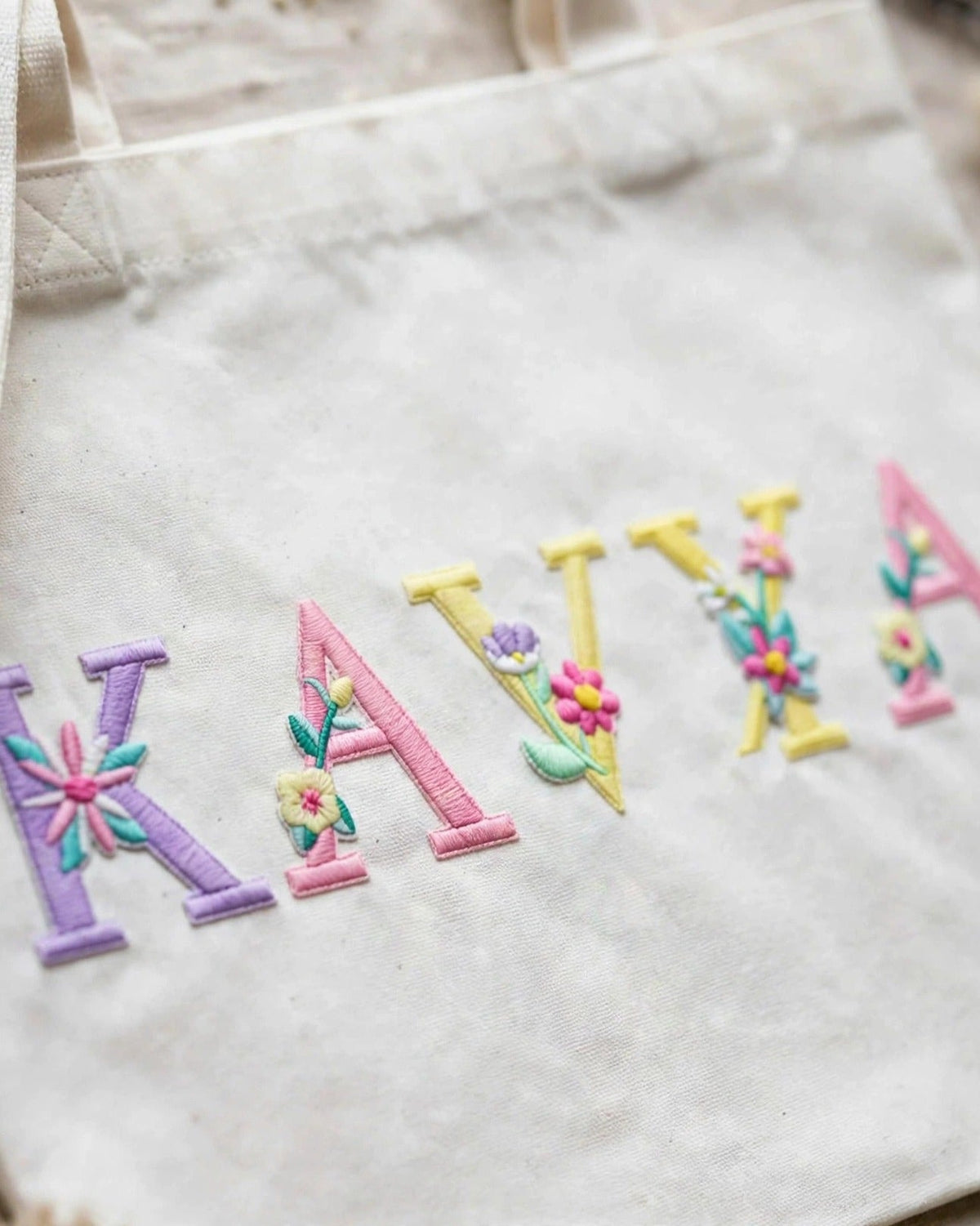 Custom Floral Alphabet Tote Bag – White – embroidery close-up