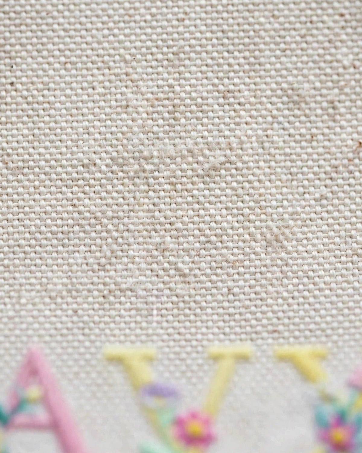 Custom Floral Alphabet Tote Bag – White – fabric texture close-up
