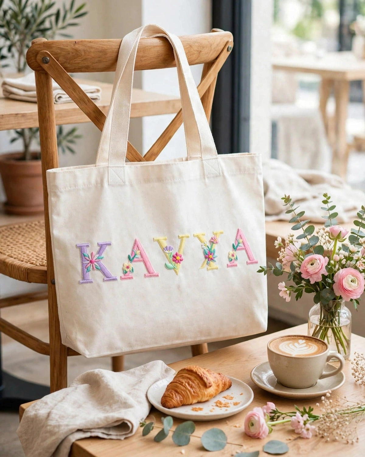 Custom Floral Alphabet Tote Bag – White – styled lifestyle