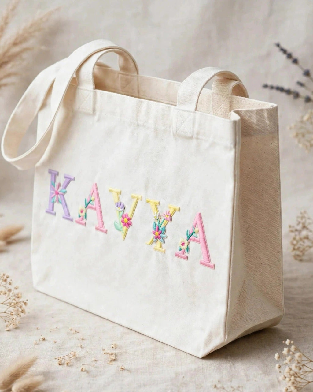 Custom Floral Alphabet Tote Bag – White – side view