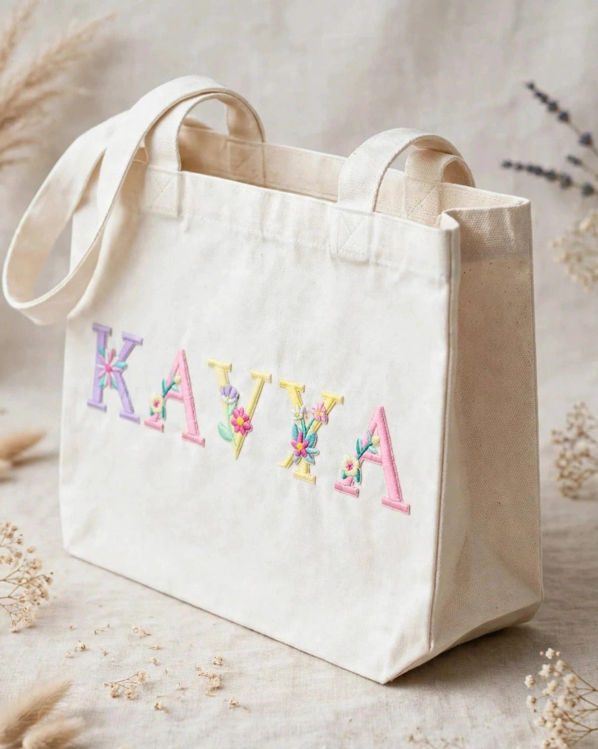 Custom Floral Alphabet Tote Bag – White – side view