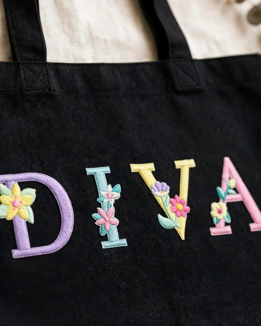 Custom Floral Alphabet Tote Bag – Black – embroidery close-up