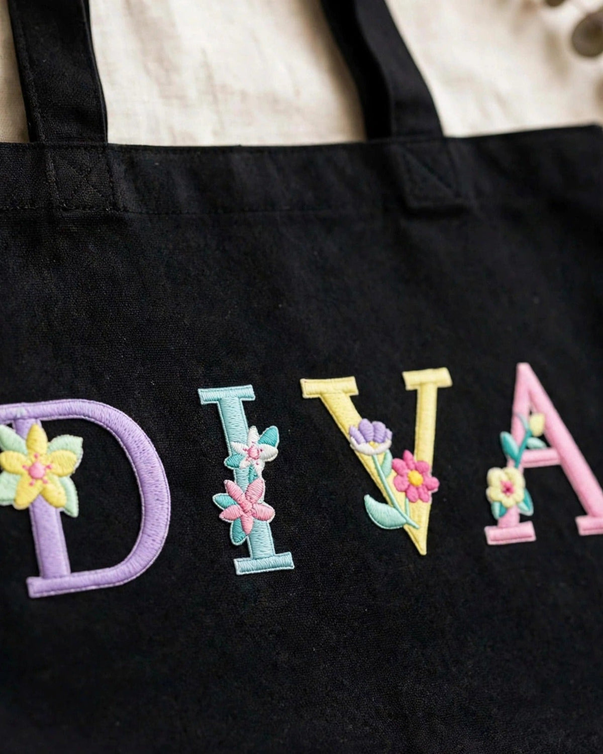 Custom Floral Alphabet Tote Bag – Black – embroidery close-up