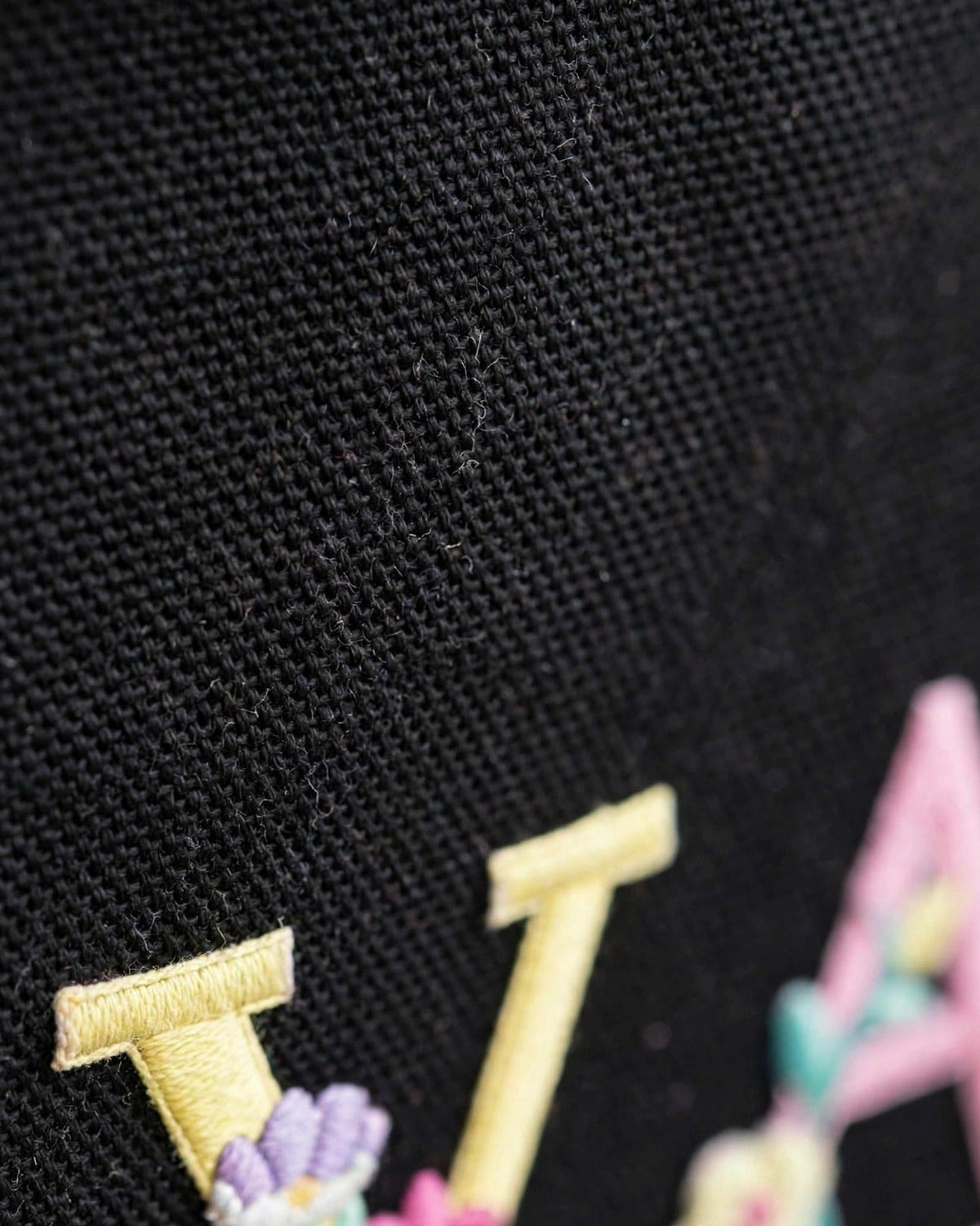 Custom Floral Alphabet Tote Bag – Black – fabric texture close-up