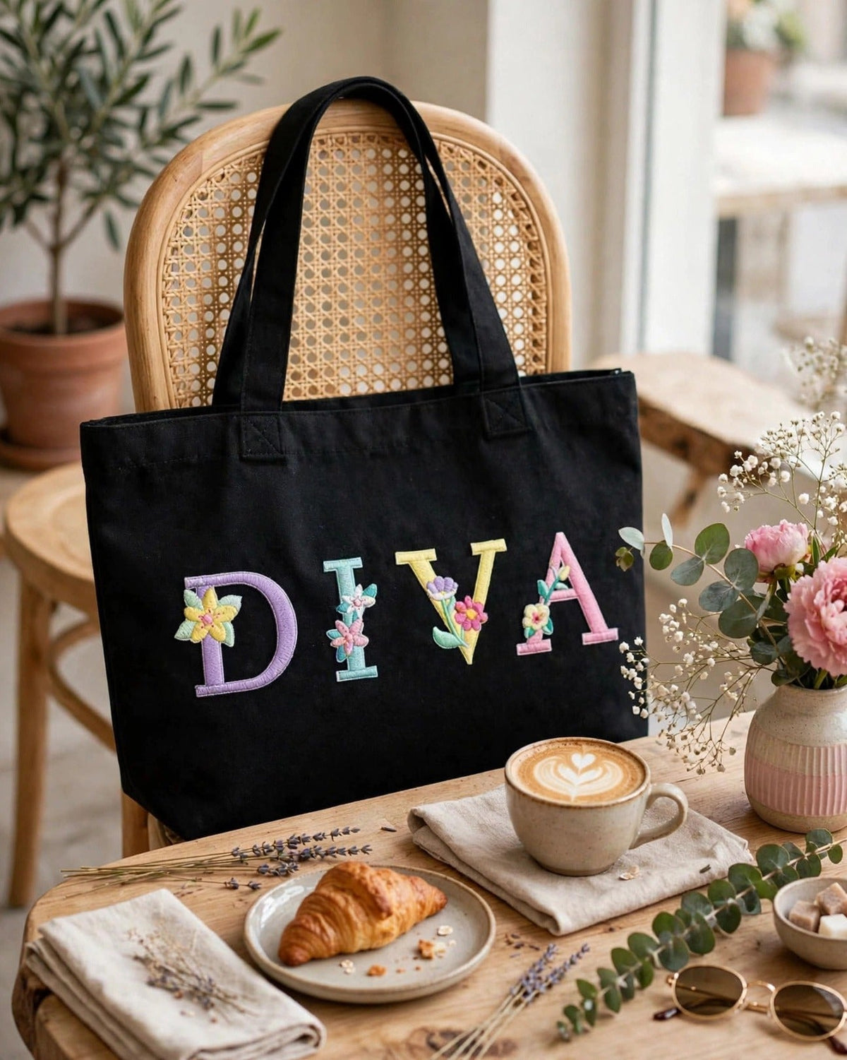Custom Floral Alphabet Tote Bag – Black – styled lifestyle