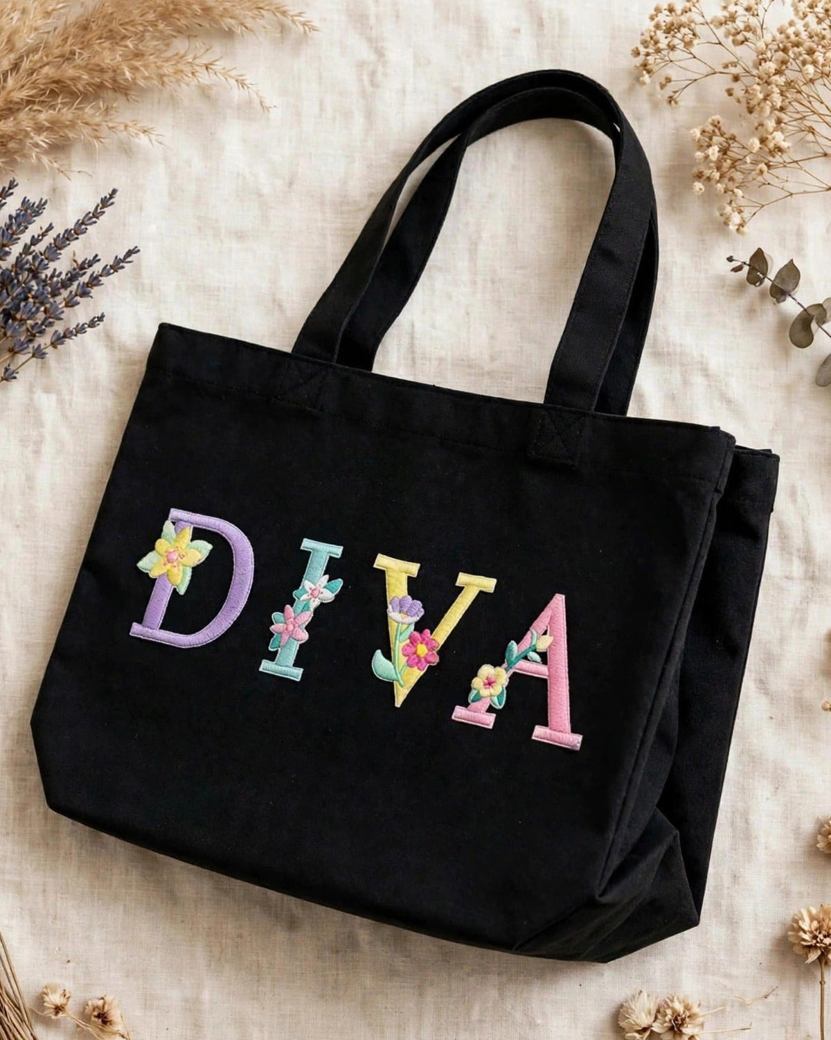 Custom Floral Alphabet Tote Bag – Black – side view