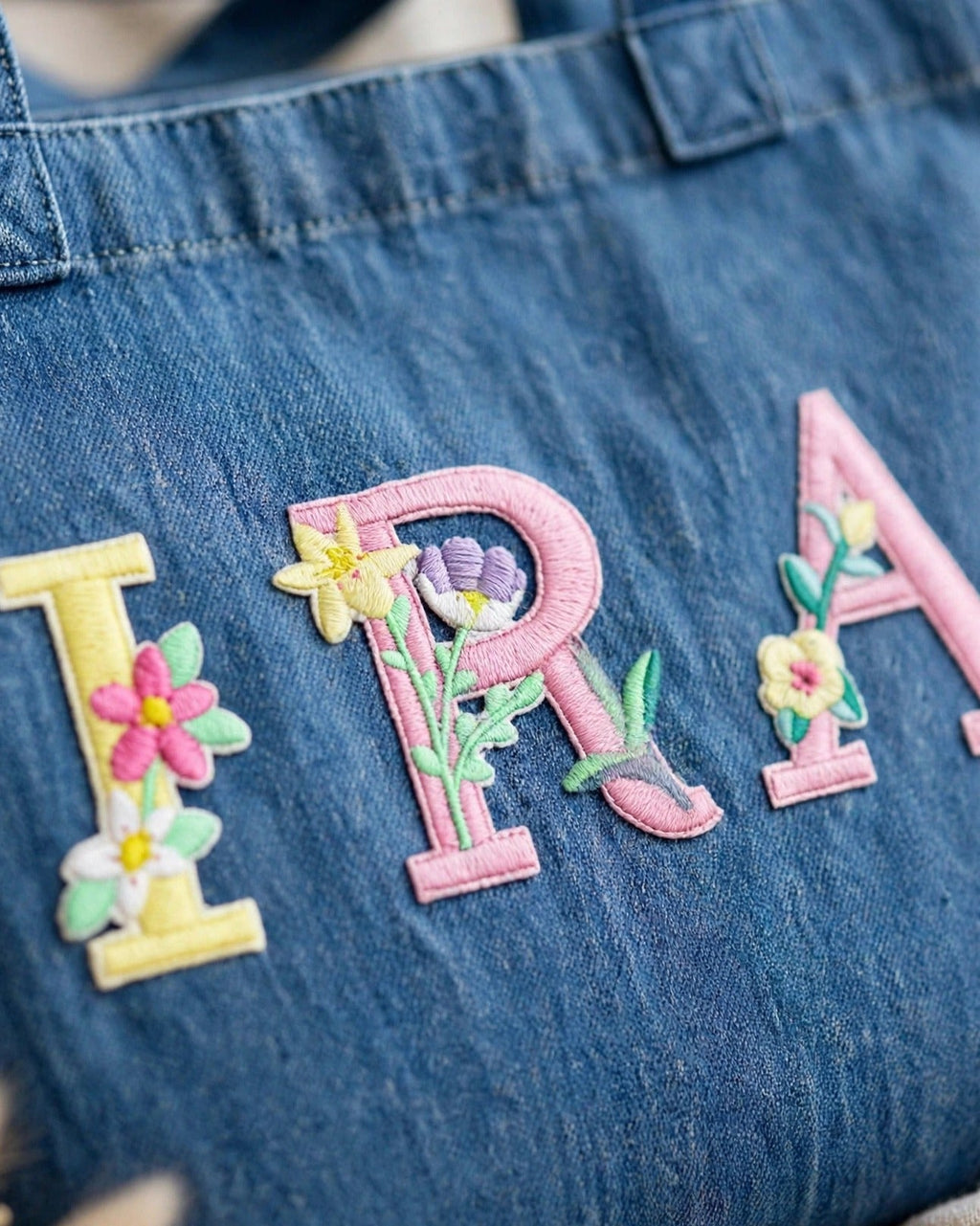 Custom Floral Alphabet Tote Bag – Denim – embroidery close-up