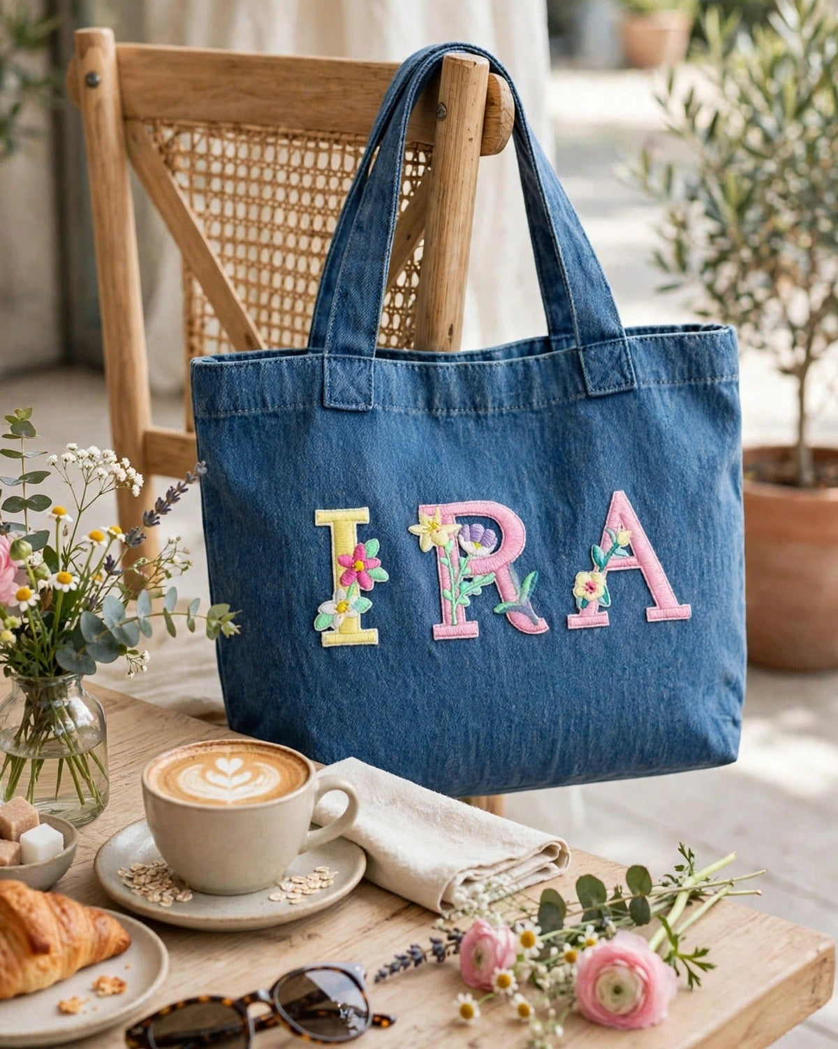 Custom Floral Alphabet Tote Bag – Denim – styled lifestyle