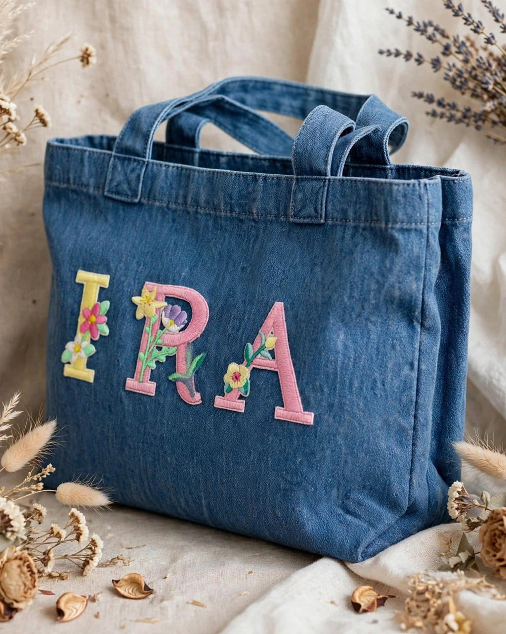 Custom Floral Alphabet Tote Bag – Denim – side view